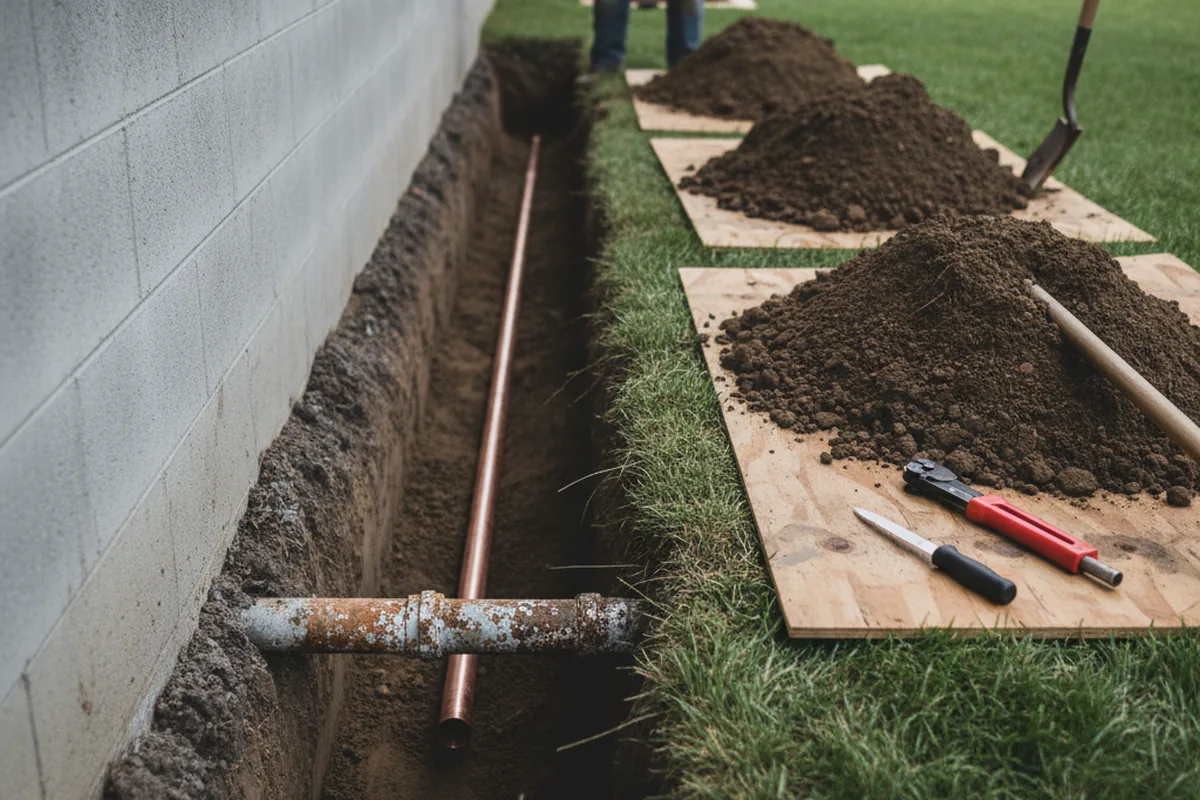 Excavated water line trench during Water Softener Installation in Snowshoe